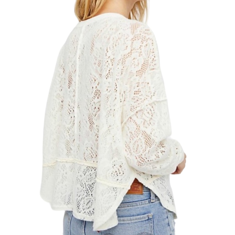 FREE PEOPLE Not Cold In This Sheer Lace Fuzzy Floral Long Sleeve Knit Top, Ivory - Picture 1 of 4